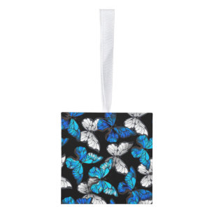 Dark Seamless Pattern with Blue Butterflies Morpho Cube Ornament