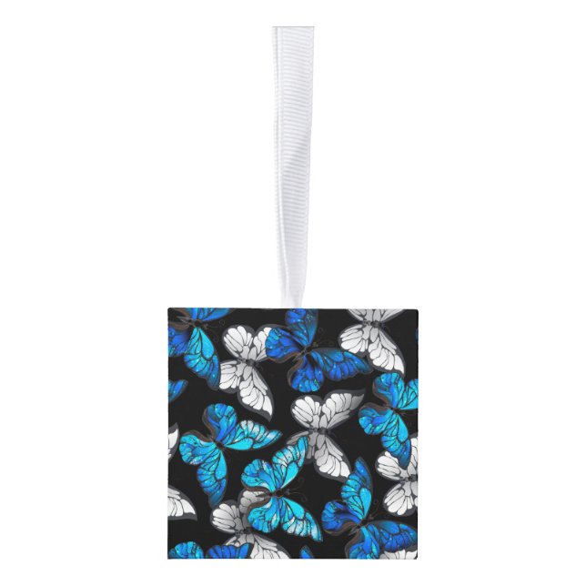 Dark Seamless Pattern with Blue Butterflies Morpho Cube Ornament (Right)