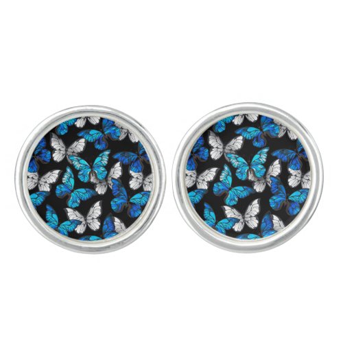 Dark Seamless Pattern with Blue Butterflies Morpho Cufflinks