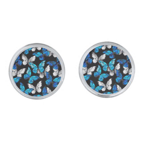 Dark Seamless Pattern with Blue Butterflies Morpho Cufflinks