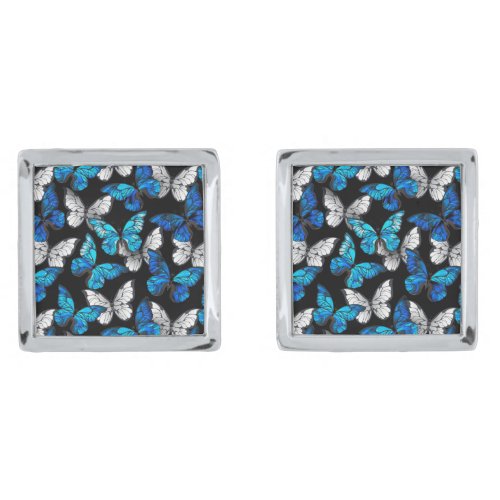 Dark Seamless Pattern with Blue Butterflies Morpho Cufflinks