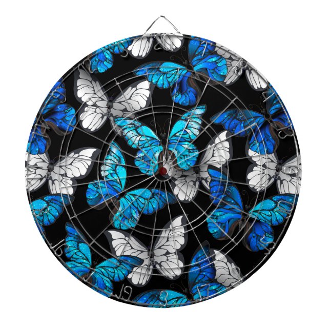 Dark Seamless Pattern with Blue Butterflies Morpho Dart Board (Front)