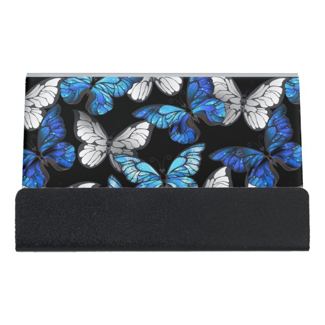 Dark Seamless Pattern with Blue Butterflies Morpho Desk Business Card Holder (Front)