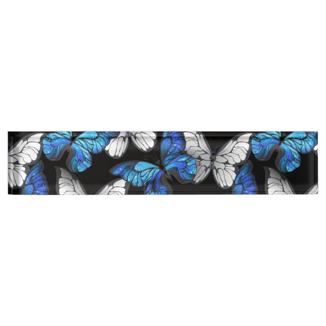 Dark Seamless Pattern with Blue Butterflies Morpho Desk Name Plate (Front)