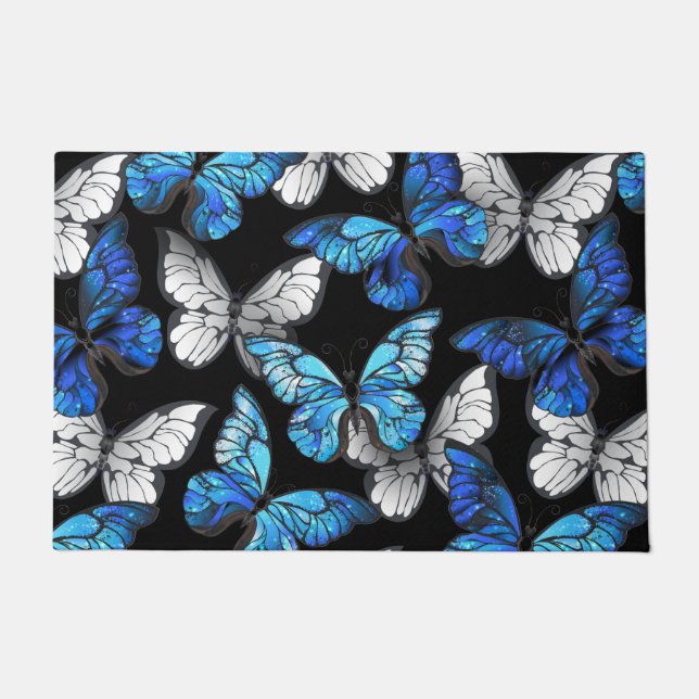 Dark Seamless Pattern with Blue Butterflies Morpho Doormat (Front)