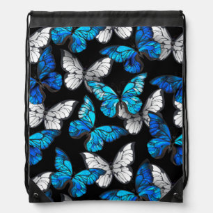 Dark Seamless Pattern with Blue Butterflies Morpho Drawstring Bag