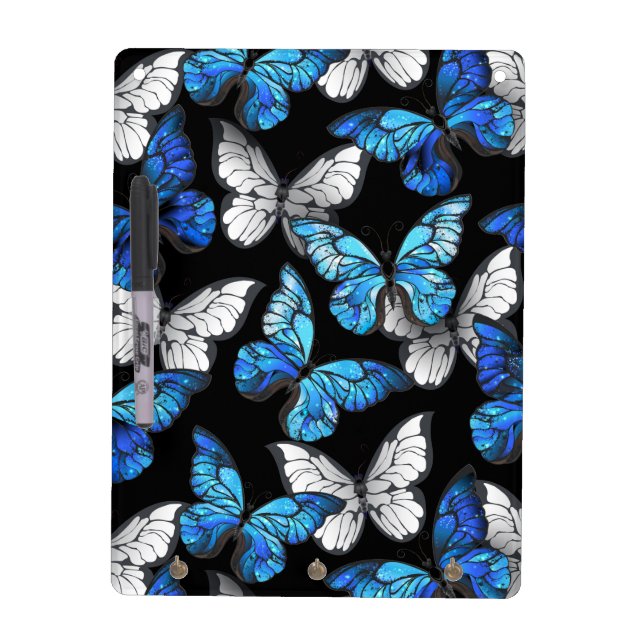 Dark Seamless Pattern with Blue Butterflies Morpho Dry Erase Board (Front)