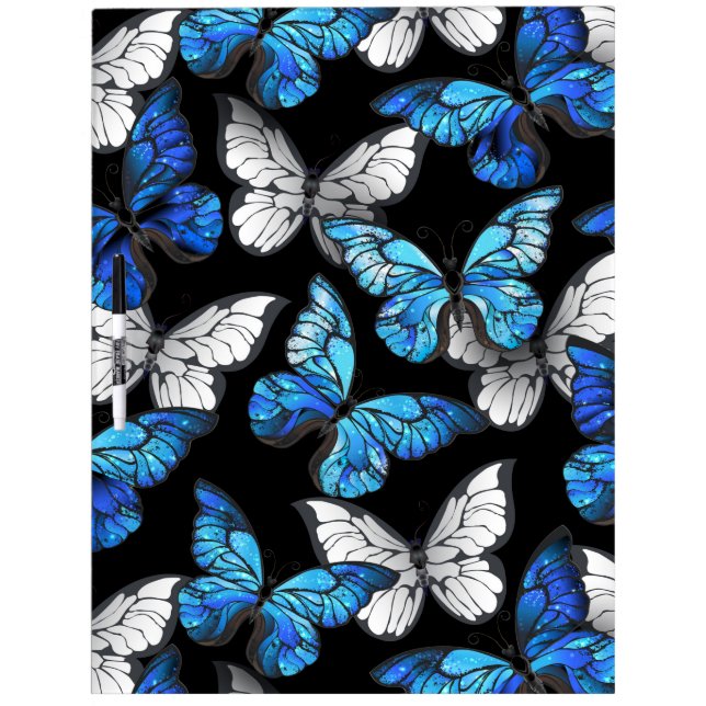 Dark Seamless Pattern with Blue Butterflies Morpho Dry Erase Board (Front)