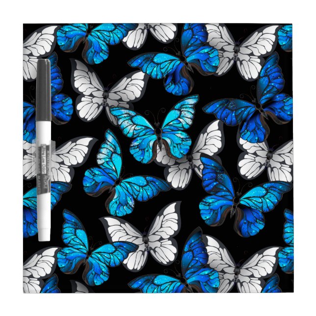 Dark Seamless Pattern with Blue Butterflies Morpho Dry Erase Board (Front)