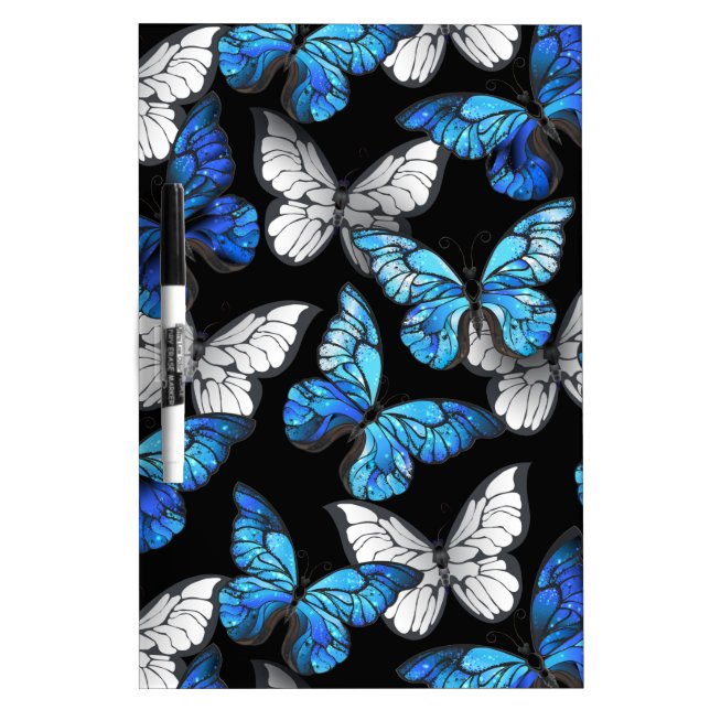 Dark Seamless Pattern with Blue Butterflies Morpho Dry Erase Board (Front)