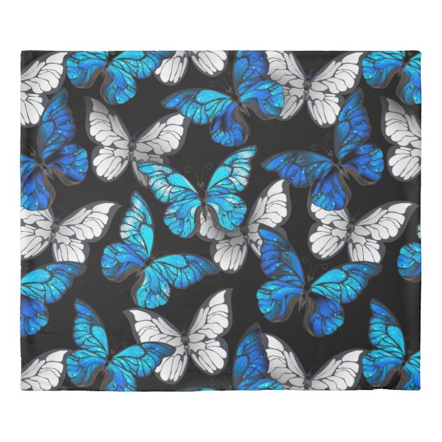 Dark Seamless Pattern with Blue Butterflies Morpho Duvet Cover (Front)