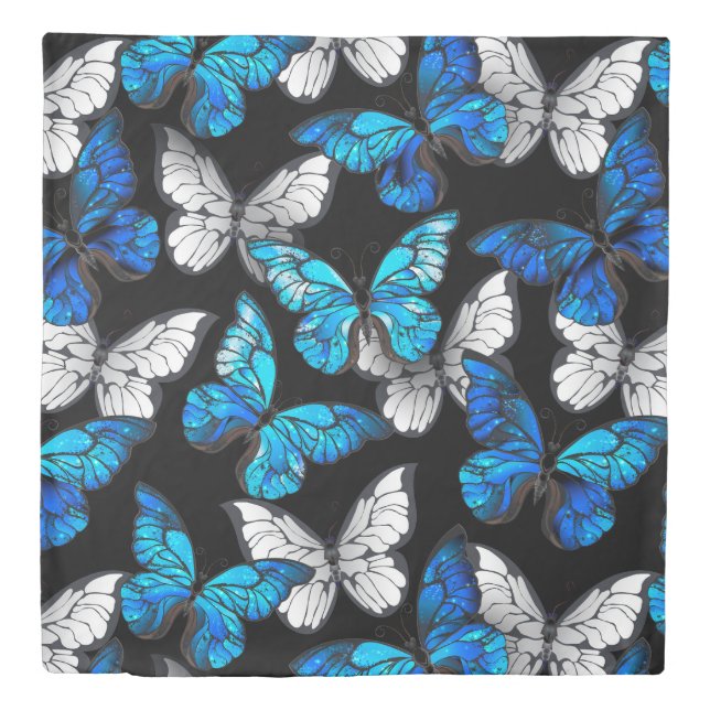 Dark Seamless Pattern with Blue Butterflies Morpho Duvet Cover (Front)
