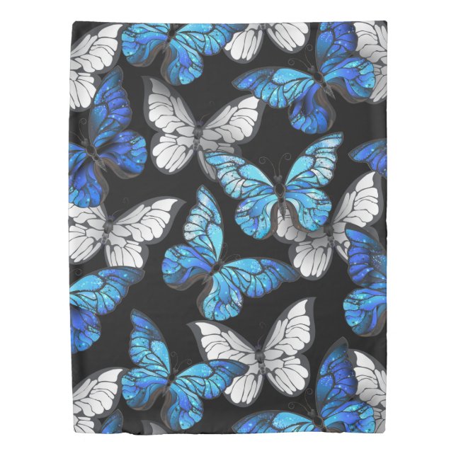 Dark Seamless Pattern with Blue Butterflies Morpho Duvet Cover (Front)