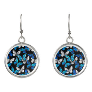 Dark Seamless Pattern with Blue Butterflies Morpho Earrings
