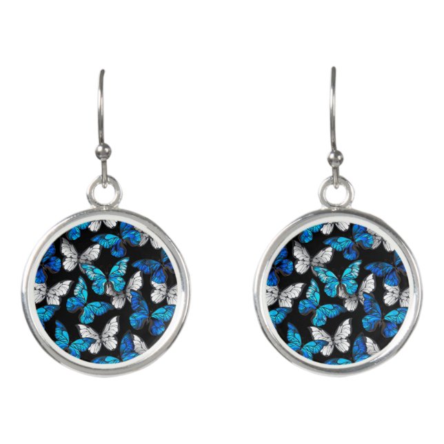 Dark Seamless Pattern with Blue Butterflies Morpho Earrings (Front)