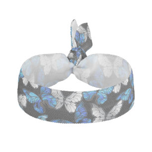 Dark Seamless Pattern with Blue Butterflies Morpho Elastic Hair Tie