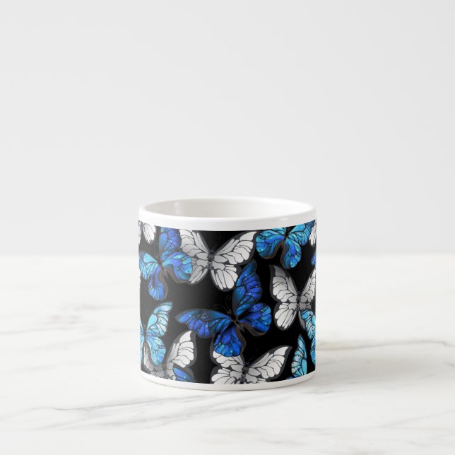 Dark Seamless Pattern with Blue Butterflies Morpho Espresso Cup (Front)