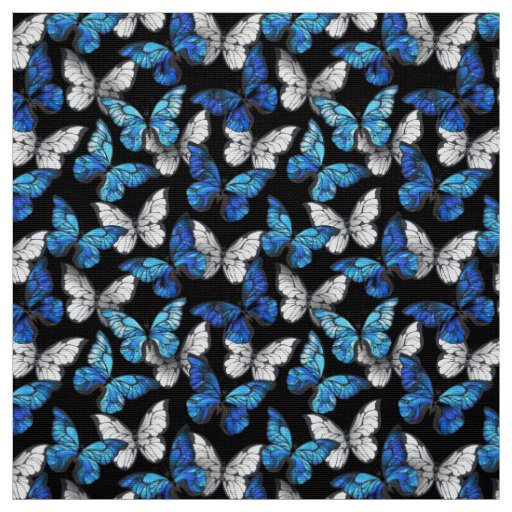 Dark Seamless Pattern with Blue Butterflies Morpho Fabric
