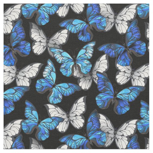 Dark Seamless Pattern with Blue Butterflies Morpho Fabric