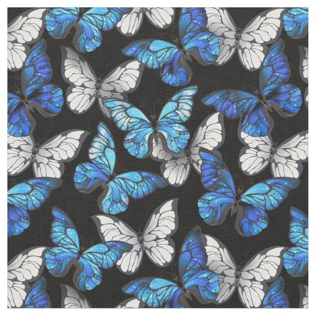 Dark Seamless Pattern with Blue Butterflies Morpho Fabric (Close Up)