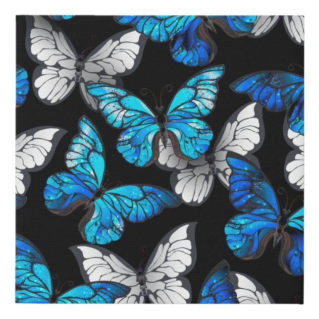 Dark Seamless Pattern with Blue Butterflies Morpho Faux Canvas Print (Front)