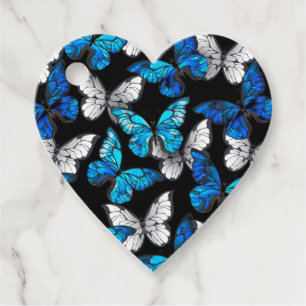 Dark Seamless Pattern with Blue Butterflies Morpho Favor Tags