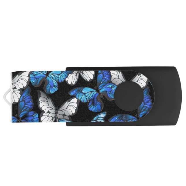 Dark Seamless Pattern with Blue Butterflies Morpho Flash Drive (Back)