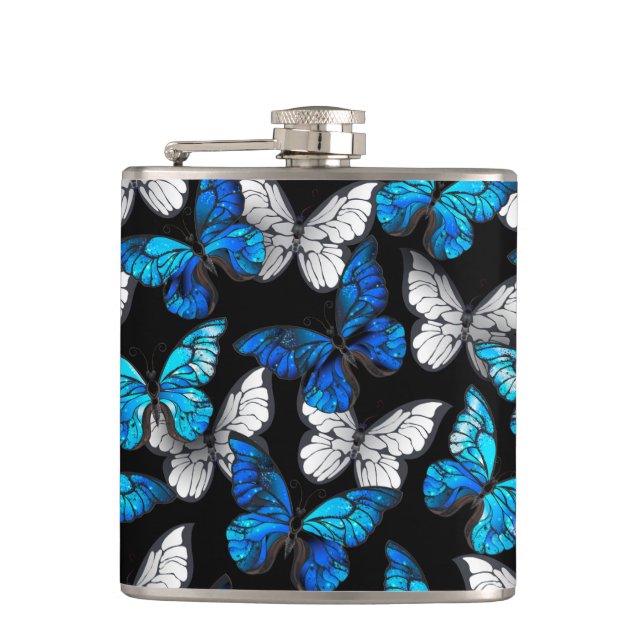 Dark Seamless Pattern with Blue Butterflies Morpho Flask (Front)