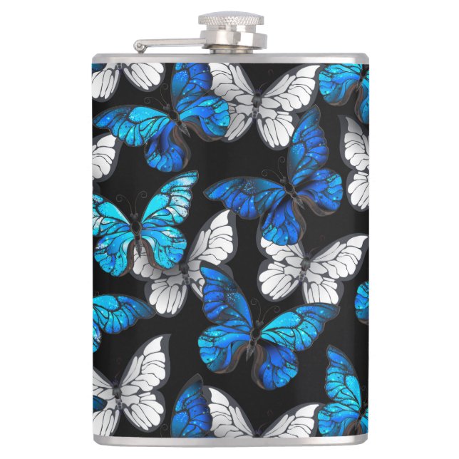 Dark Seamless Pattern with Blue Butterflies Morpho Flask (Front)