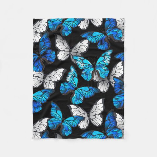 Dark Seamless Pattern with Blue Butterflies Morpho Fleece Blanket