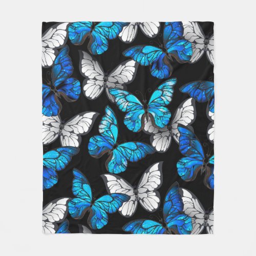 Dark Seamless Pattern with Blue Butterflies Morpho Fleece Blanket