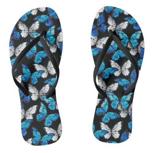 Dark Seamless Pattern with Blue Butterflies Morpho Flip Flops
