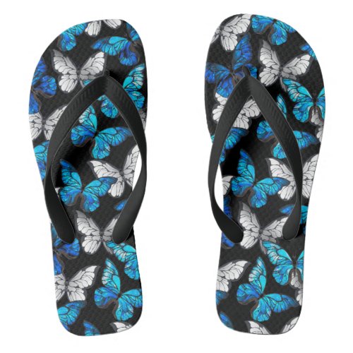 Dark Seamless Pattern with Blue Butterflies Morpho Flip Flops