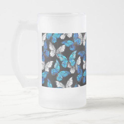Dark Seamless Pattern with Blue Butterflies Morpho Frosted Glass Beer Mug