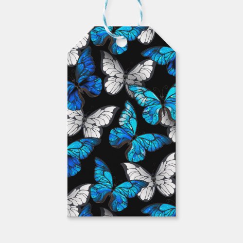 Dark Seamless Pattern with Blue Butterflies Morpho Gift Tags