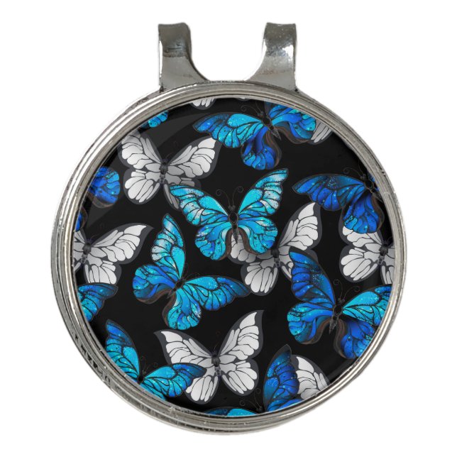 Dark Seamless Pattern with Blue Butterflies Morpho Golf Hat Clip (Front)