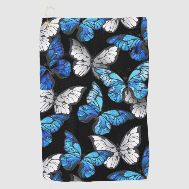 Dark Seamless Pattern with Blue Butterflies Morpho Golf Towel (Front)