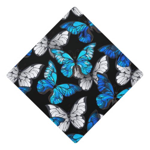 Dark Seamless Pattern with Blue Butterflies Morpho Graduation Cap Topper