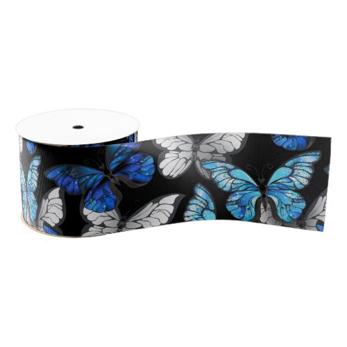 Dark Seamless Pattern with Blue Butterflies Morpho Grosgrain Ribbon