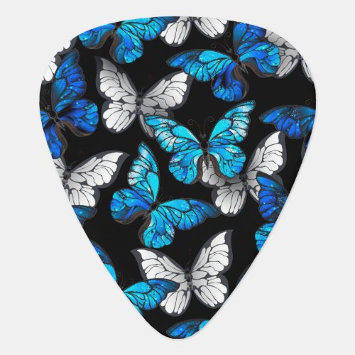 Dark Seamless Pattern with Blue Butterflies Morpho Guitar Pick