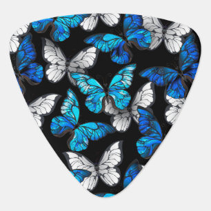 Dark Seamless Pattern with Blue Butterflies Morpho Guitar Pick