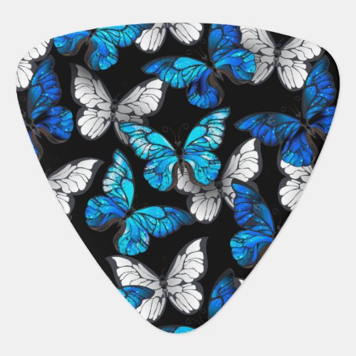 Dark Seamless Pattern with Blue Butterflies Morpho Guitar Pick