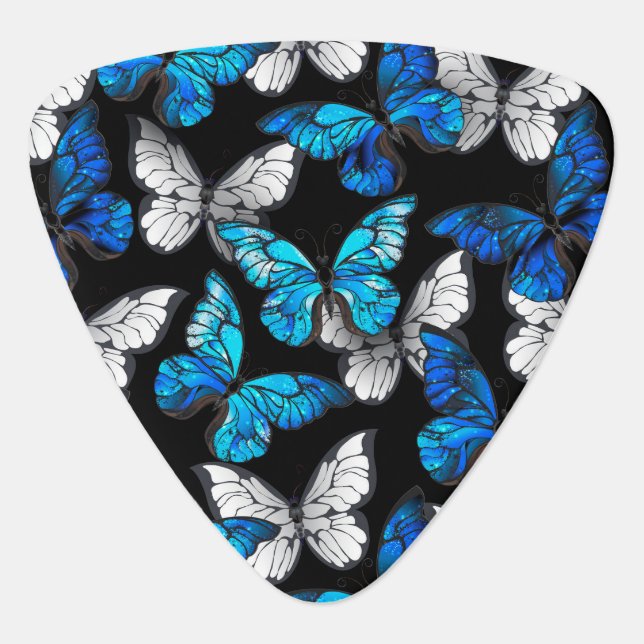 Dark Seamless Pattern with Blue Butterflies Morpho Guitar Pick (Front)