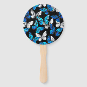 Dark Seamless Pattern with Blue Butterflies Morpho Hand Fan