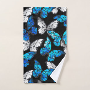 Dark Seamless Pattern with Blue Butterflies Morpho Hand Towel
