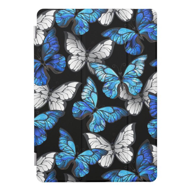 Dark Seamless Pattern with Blue Butterflies Morpho iPad Pro Cover (Front)
