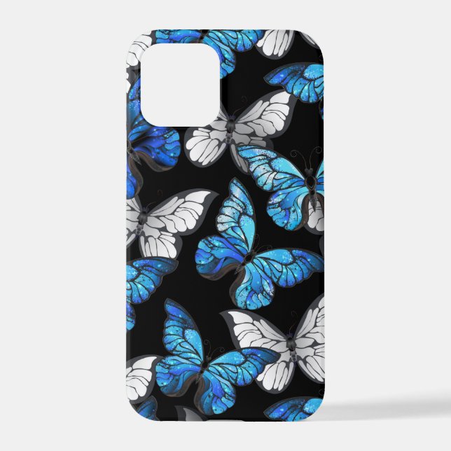 Dark Seamless Pattern with Blue Butterflies Morpho iPhone Case (Back)