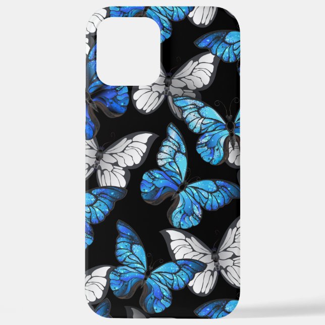 Dark Seamless Pattern with Blue Butterflies Morpho iPhone Case (Back)