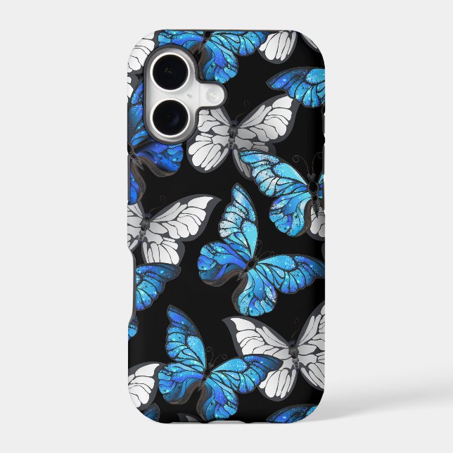 Dark Seamless Pattern with Blue Butterflies Morpho Iphone Case (Back)