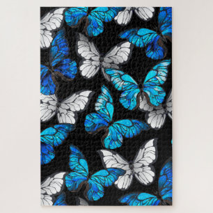 Dark Seamless Pattern with Blue Butterflies Morpho Jigsaw Puzzle
